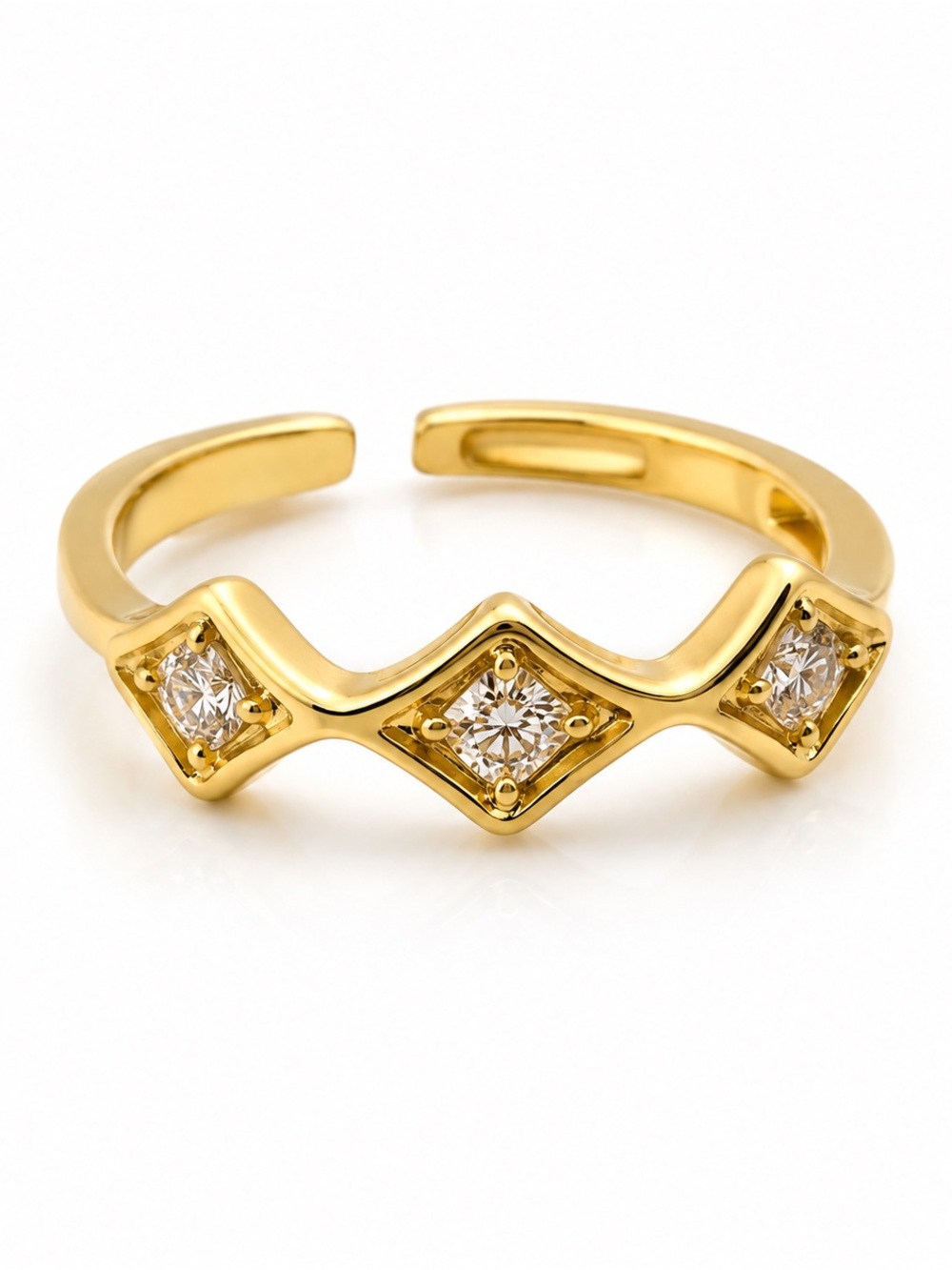 Stainless Steel Geometric Crystal Stackable Open Adjustable Gold Tone Ring